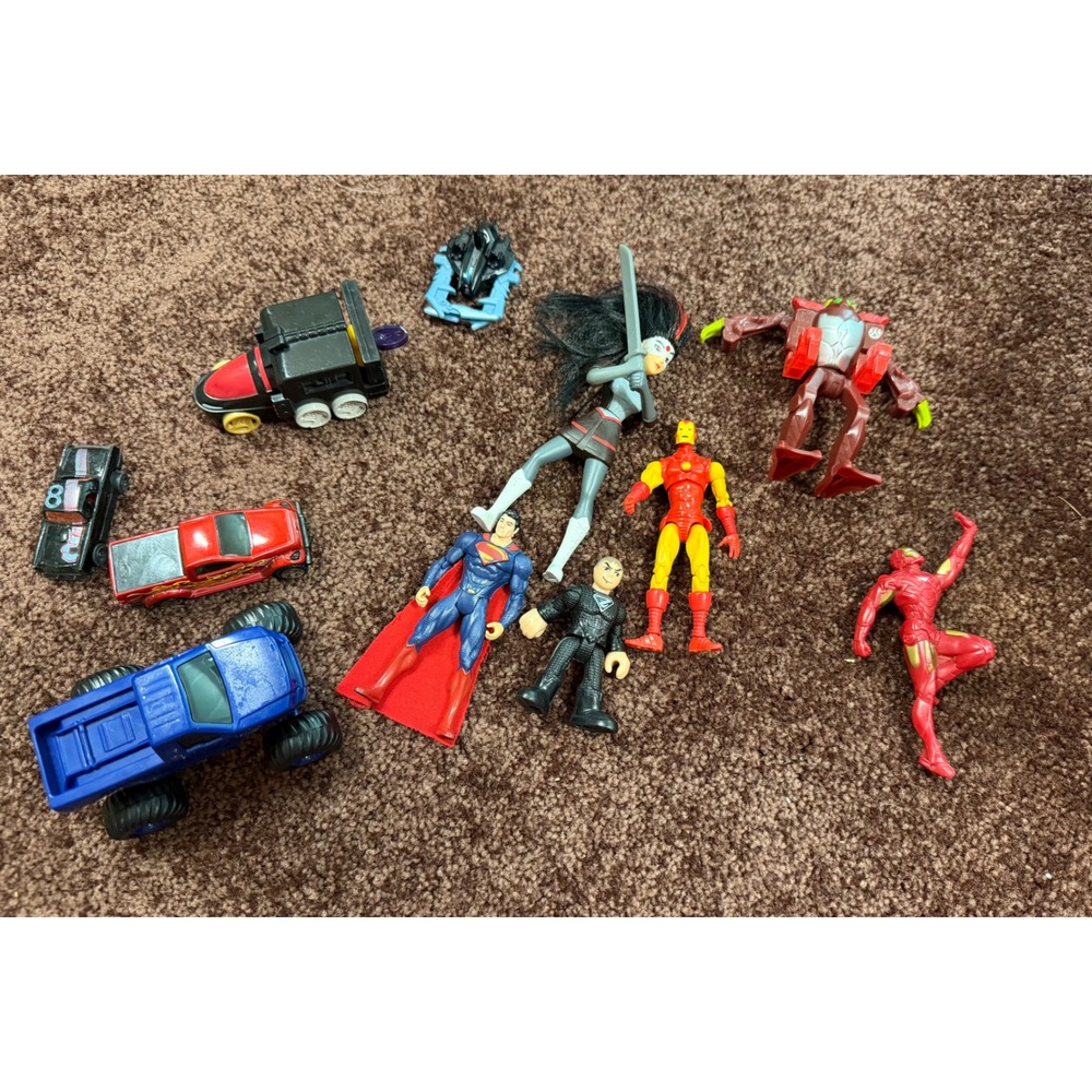 Mixed Toy Lot Superman Iron Man Katana Action Figures Monster Truck Diecast Cars